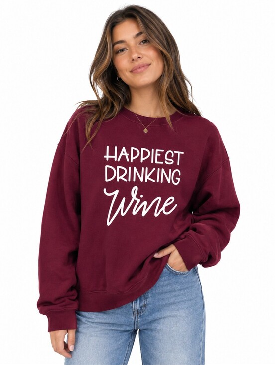 the happiest collection Sweaters - Happiest Drinking Wine Burgundy Graphic Sweatshirt | Size Medium | Cozy Crewneck